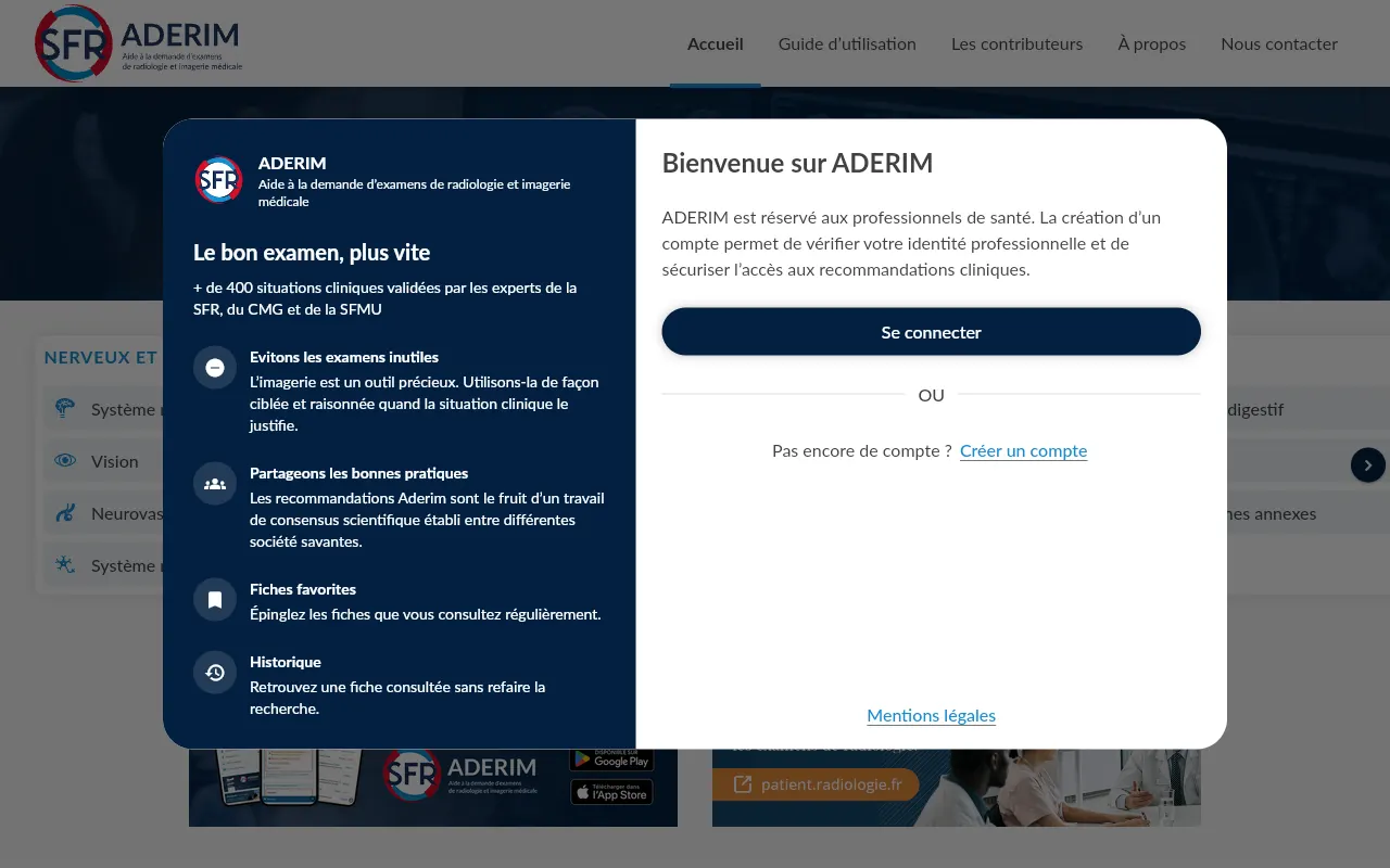 Page d'accueil d'ADERIM : fenêtre de connexion réservée aux professionnels de santé, devant le classement des fiches par appareil.