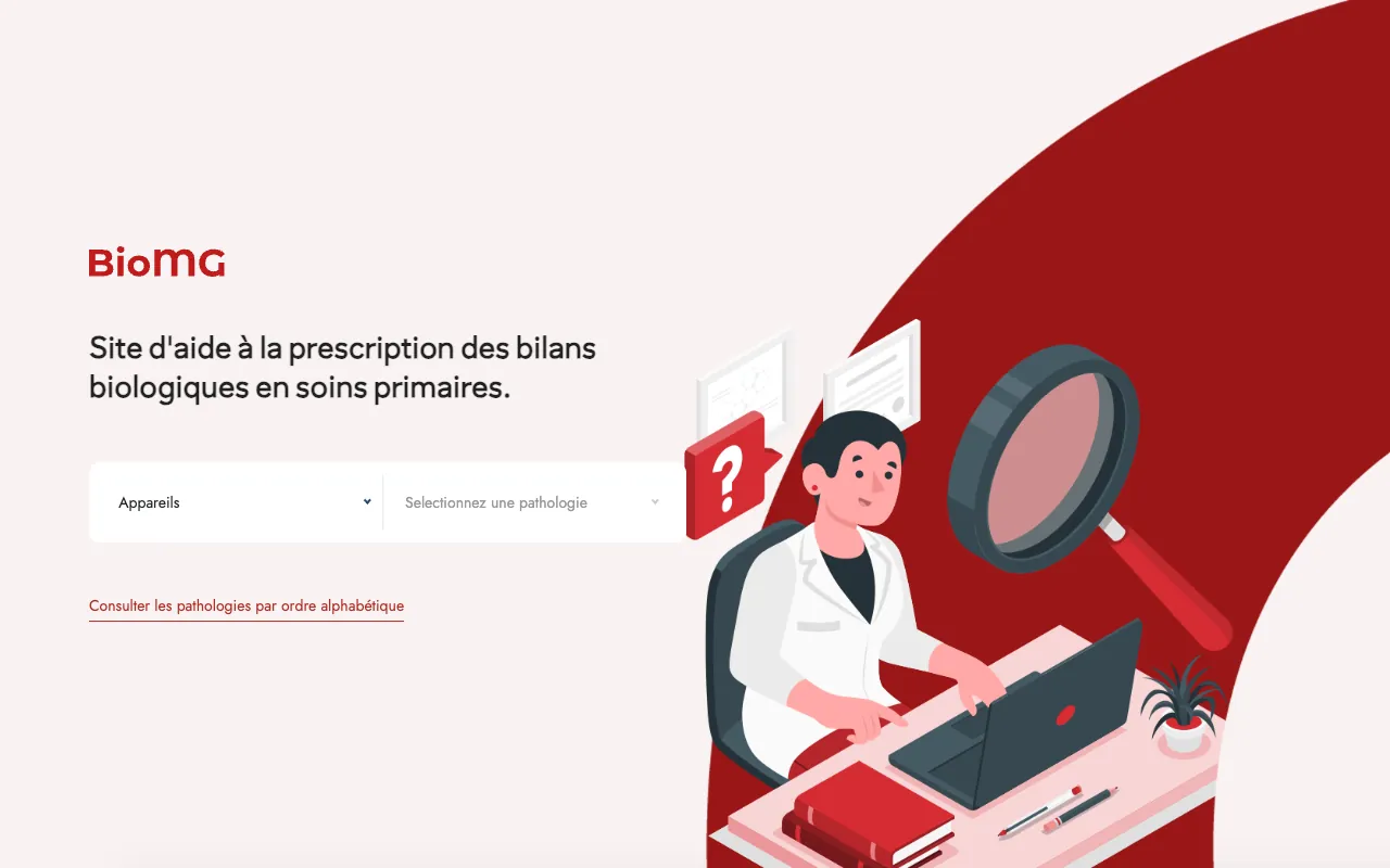Page d'accueil de BioMG : logo, « Site d'aide à la prescription des bilans biologiques en soins primaires », deux menus déroulants (appareil, puis pathologie), un lien vers la liste alphabétique et l'illustration d'une médecin à son bureau.