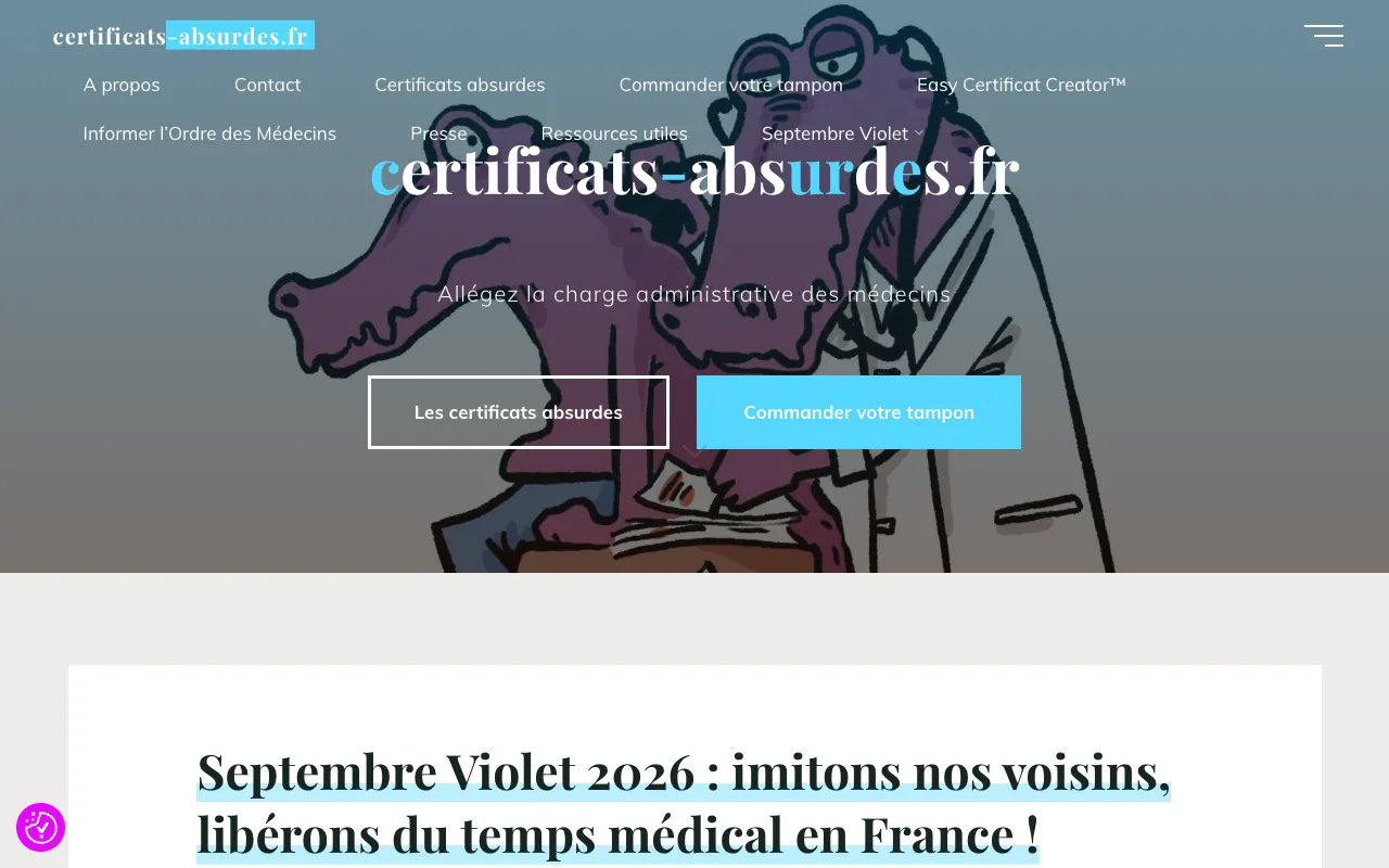 Page d'accueil de certificats-absurdes.fr : un crocodile violet dessiné, le slogan « Allégez la charge administrative des médecins », et deux boutons : les certificats absurdes, commander votre tampon.