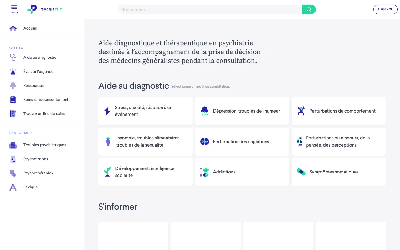Page d'accueil de Psychiaclic : menu Outils et S'informer à gauche, et grille « Aide au diagnostic » de neuf motifs de consultation, de « Stress, anxiété » à « Symptômes somatiques ».